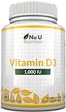 Vitamina D3 1000 IU - 365 Cápsulas Blandas - 1 Año de Suministro - Colecalciferol de Alta Absorción - Nu U Nutrition